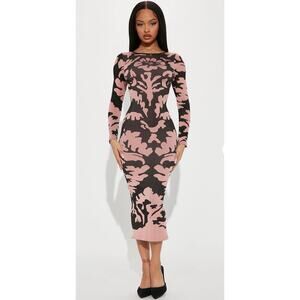 ANWND Women’s Bodycon Knit Midi Dress Pink Black Abstract Print Long Sleeve M/L
